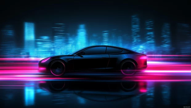 A sleek black car 4K wallpaper with neon blue and pink lights reflecting off its smooth surface, driving through a futuristic cityscape.