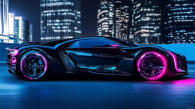 A sleek black car with neon blue and pink lights reflecting off its smooth surface, driving through a futuristic cityscape with illuminated skyscrapers in the background.