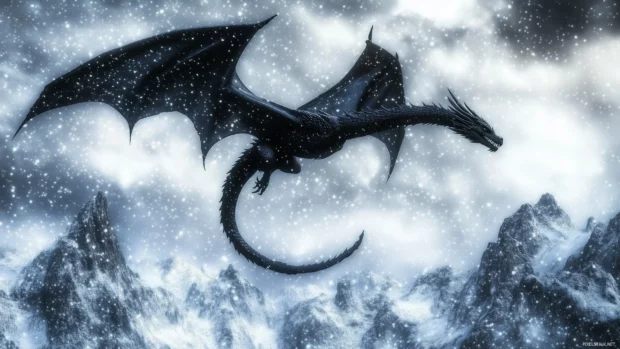 A sleek black dragon soaring through the sky, its wings spread wide with icy mountains below.