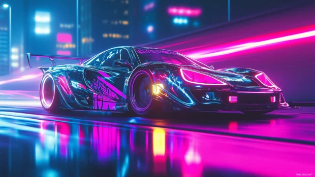 A sleek car illuminated by vibrant neon lights.