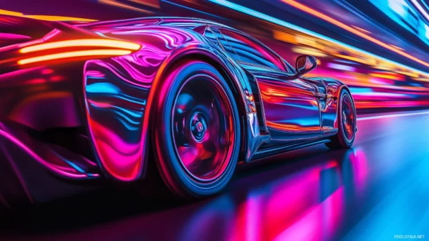 A sleek electric car with glowing neon underglow and vibrant lights reflecting off its chrome body as it glides down a futuristic neon road.