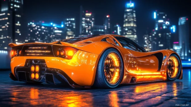 A sleek futuristic car adorned with neon orange lights, casting beautiful colorful reflections on its smooth body as it races through a vibrant city at night.