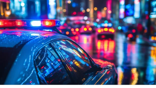 A sleek police car with bright blue and red lights flashing on its roof, parked on a city street at night with reflections of the lights on the wet pavement.