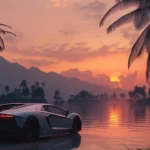 A sleek sports car parked by a serene lakeside at sunset, the warm glow reflecting off its polished surface.