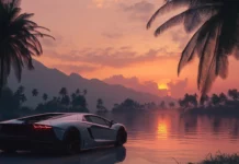 A sleek sports car parked by a serene lakeside at sunset, the warm glow reflecting off its polished surface.