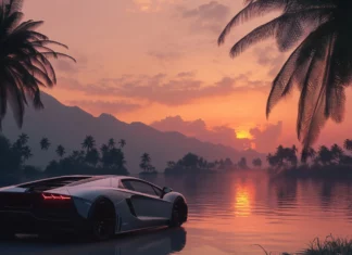 A sleek sports car parked by a serene lakeside at sunset, the warm glow reflecting off its polished surface.