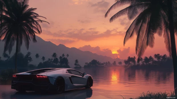 A sleek sports car parked by a serene lakeside at sunset, the warm glow reflecting off its polished surface.