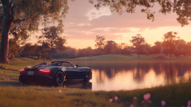 A sleek sports car parked by a serene lakeside at sunset, the warm glow reflecting off its polished surface, surrounded by soft pastel hues.