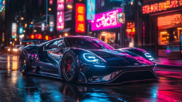 A sleek sports car with radiant neon lights reflecting abstract patterns on its surface.