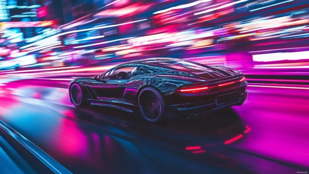 A sleek sports car with radiant neon lights reflecting abstract patterns on its surface, cruising through a glowing cyberpunk city.