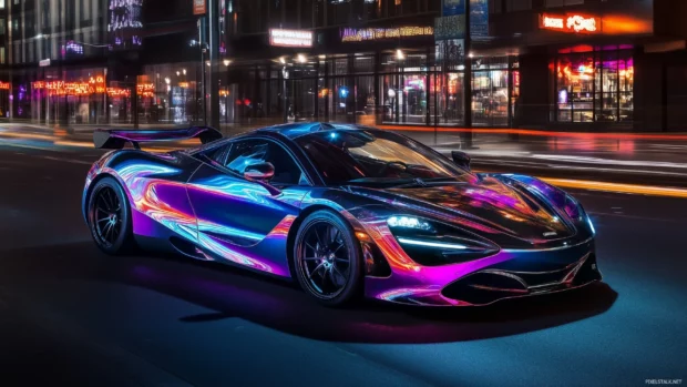 A sleek sports car with vibrant neon lights.