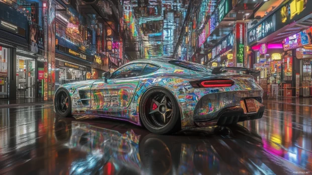 A sleek sports car with vibrant neon lights, reflecting colorful patterns on its polished body as it speeds through a dark urban street.