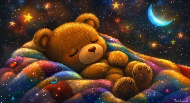 A sleepy Kawaii bear snuggled up in a cozy blanket.