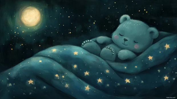 A sleepy Kawaii bear snuggled up in a cozy blanket, surrounded by twinkling stars and a glowing moon.