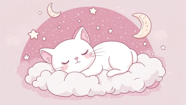 A sleepy Kawaii cat curled up on a fluffy cloud, with stars and moons twinkling in the background.