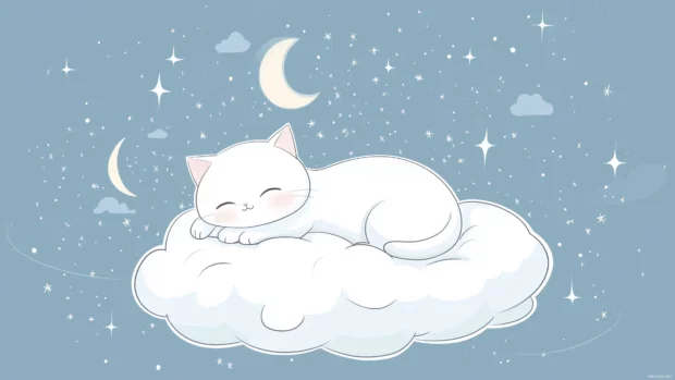 A sleepy Kawaii cat curled up on a fluffy cloud, with stars and moons twinkling in the background.