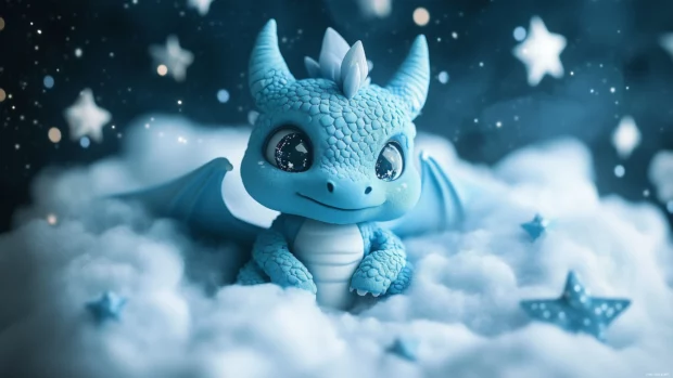 A small, chubby dragon wallpaper with pastel blue scales and oversized sparkling eyes, sitting on a fluffy cloud with tiny stars surrounding it.