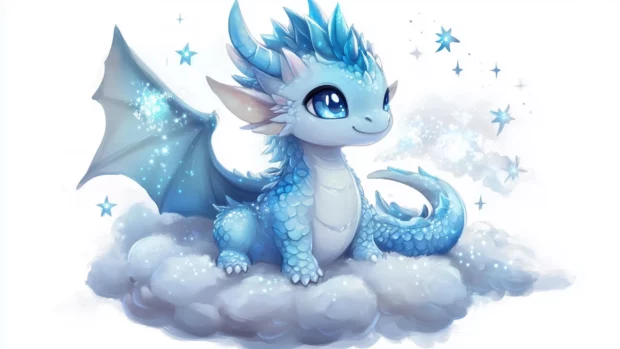 A small, chubby dragon with pastel blue scales and oversized sparkling eyes, sitting on a fluffy cloud with tiny stars surrounding it.