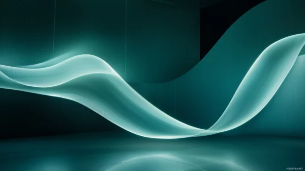 A smooth OLED light ribbon glowing in the center of a dark room, with cool tones of electric blue and silver.