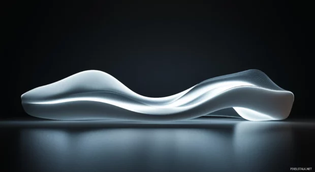 A smooth OLED light ribbon glowing in the center of a dark room, with cool tones of electric blue and silver.