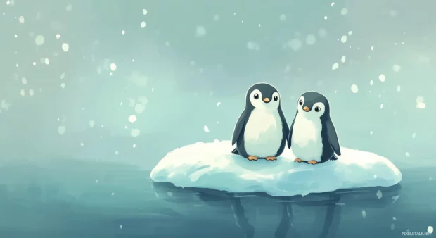 A soft, cute design with two smiling penguins standing on a patch of ice under a gentle snowfall.