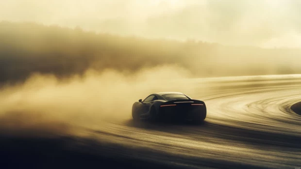 A sports car drifting around a sharp corner on a racetrack, leaving a trail of smoke.