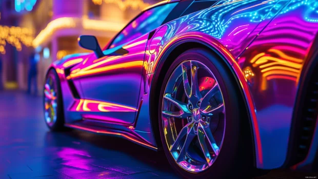 A sports car wallpaper with colorful neon lights.