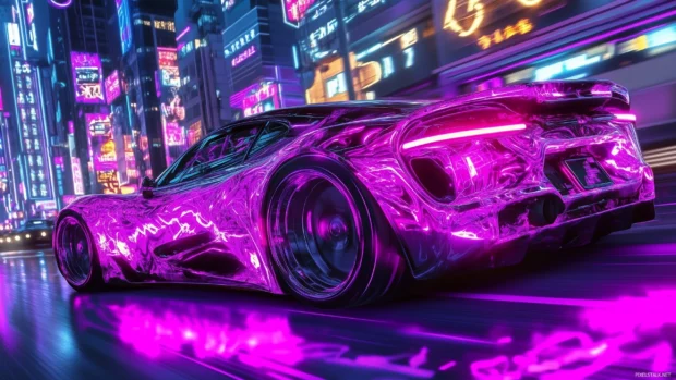 A sports car wallpaper with radiant neon lights reflecting abstract patterns on its surface, cruising through a glowing cyberpunk city with neon signs and lit buildings in the background.