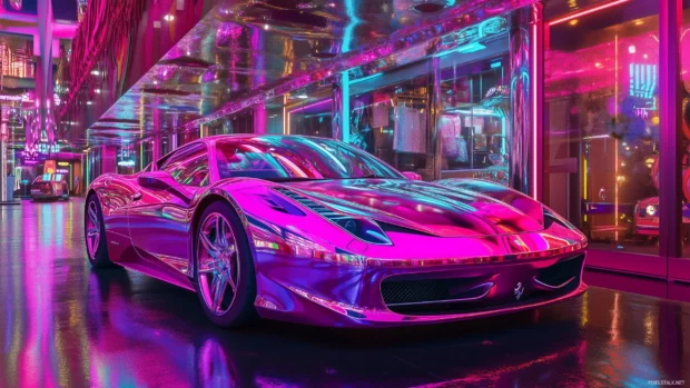 A sports car with colorful neon lights reflecting off its polished surface, parked on a neon lit street in a futuristic city.