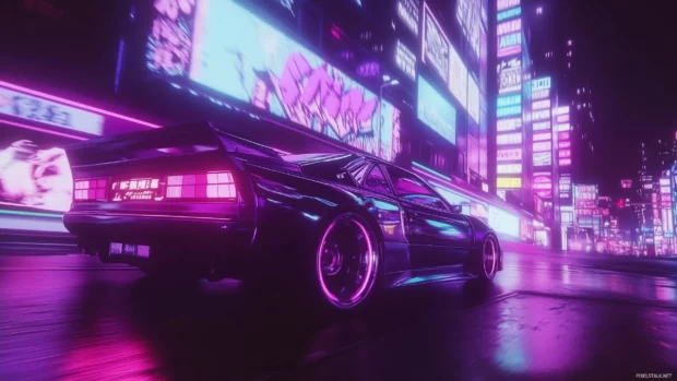 A sports car with glowing neon lights, its shiny surface reflecting vibrant patterns of purple, blue, and pink, racing through a cyberpunk city with illuminated billboards and neon streets.