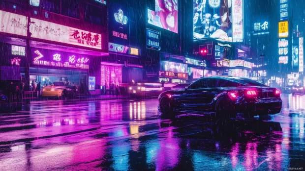 A sports car with glowing neon lights, its shiny surface reflecting vibrant patterns of purple, blue, and pink, racing through a cyberpunk city with illuminated billboards and neon streets.