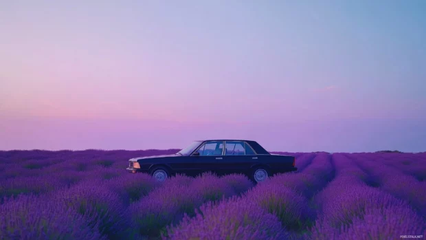 A sporty car resting in a lavender field under a clear twilight sky.