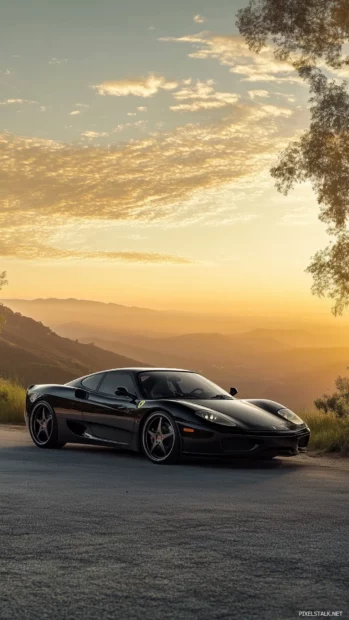 A sporty car resting in a lavender field under a clear twilight sky, with soft purples and blues blending into a serene aesthetic view.