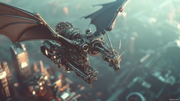 A steampunk inspired mechanical dragon desktop wallpaper.