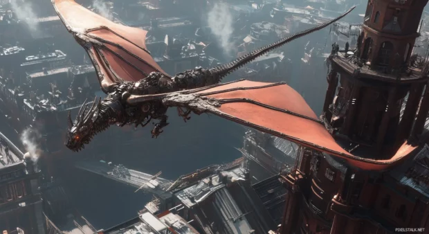 A steampunk inspired mechanical dragon soaring above a futuristic city, its metal wings and gears glinting in the sunlight.