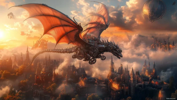 A steampunk inspired mechanical dragon soaring above a futuristic city, its metal wings and gears glinting in the sunlight.