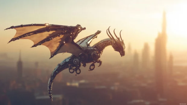 A steampunk inspired mechanical dragon wallpaper 4K.