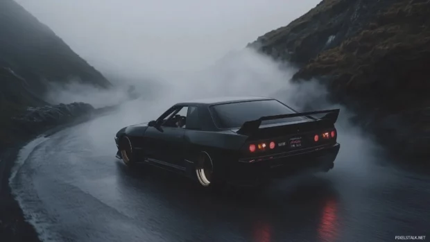 A street racer JDM car with custom wheels and a carbon fiber body, speeding through a winding mountain pass with a misty atmosphere.