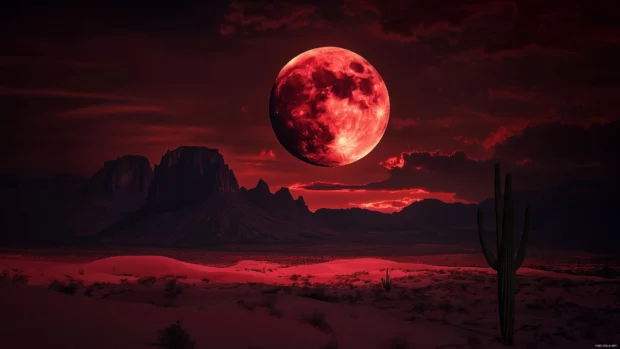 A striking red moon rising over a silhouetted desert landscape, with deep red hues reflecting off the sand dunes and a few scattered cacti.