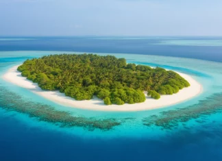 A stunning aerial view of a secluded tropical beach on a remote island.