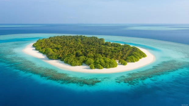 A stunning aerial view of a secluded tropical beach on a remote island.