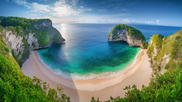 A stunning aerial view of a secluded tropical beach on a remote island, bright green foliage framing the coastline.