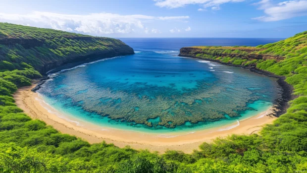 A stunning aerial view of a secluded tropical beach on a remote island, bright green foliage framing the coastline, the beach forming a perfect crescent shape.