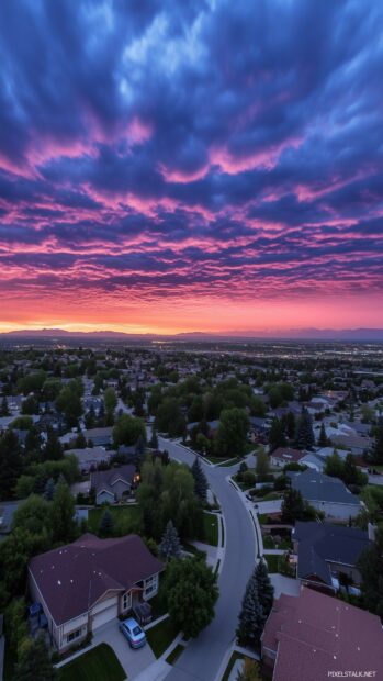 A stunning sunset with vibrant purple clouds scattered across the horizon.