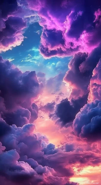 A stunning sunset with vibrant purple clouds scattered across the horizon, blending into deep blues and pinks as the day fades away.