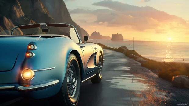 A stylish and cool 3D convertible car driving along a coastal road at sunrise.