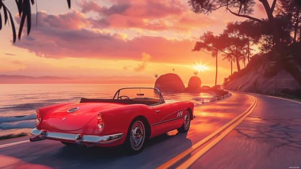 A stylish and cool 3D convertible car driving along a coastal road at sunrise.