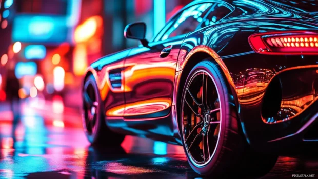 A stylish sports car with colorful neon lights reflecting off its polished surface.