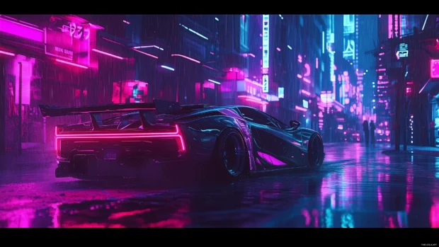 A stylish sports car with glowing neon underlights, its body covered in shimmering reflections of neon colors, racing through a city at dusk with streets glowing in purple and teal.