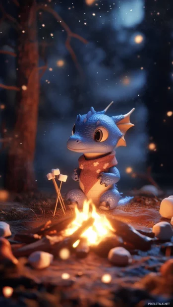 A tiny blue dragon wearing a cute scarf, sitting by a glowing campfire with marshmallows on sticks.